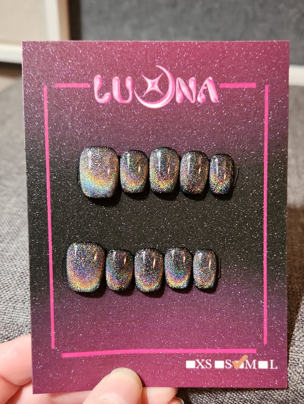 Black Rainbow Effect Press On Nails. Size Medium